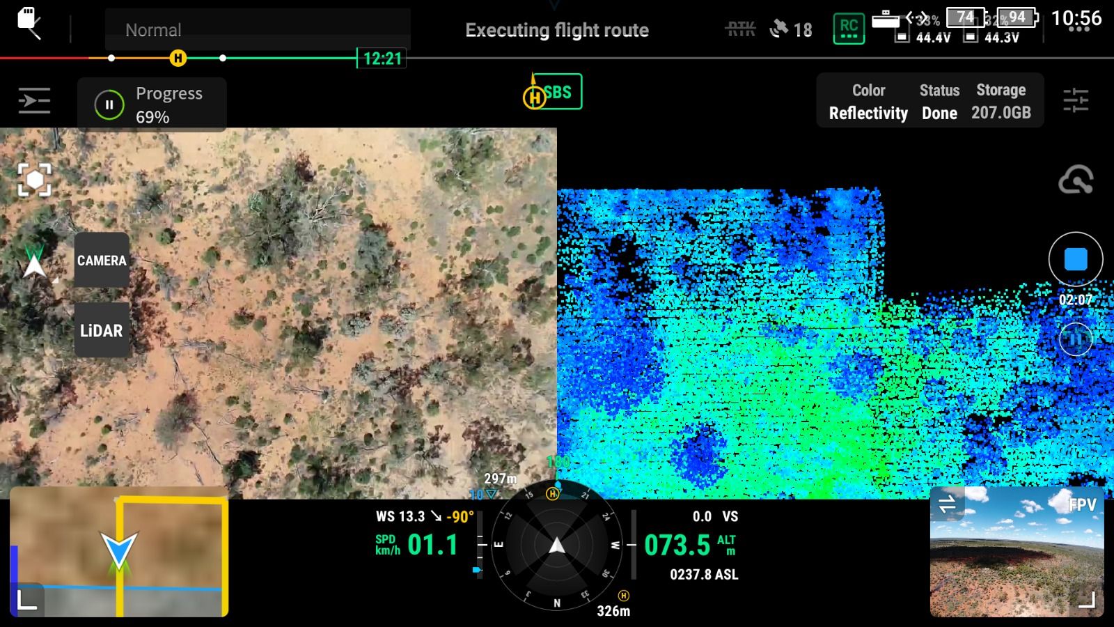 Drone controller screen showing RGB and LiDAR reflectivity capture