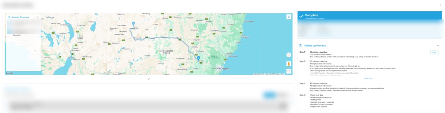 Duty officer view showing a worker's tracked journey across NSW and the follow-up process